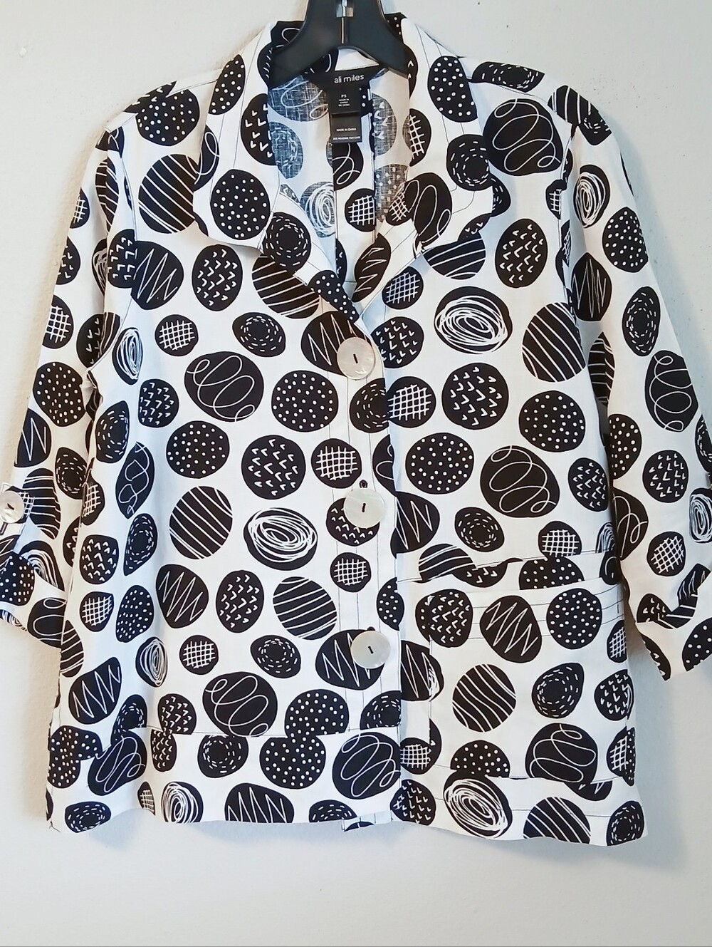 Ali Miles Polka Dot Black And White Linen Jacket Top Size PS  Lagenlook